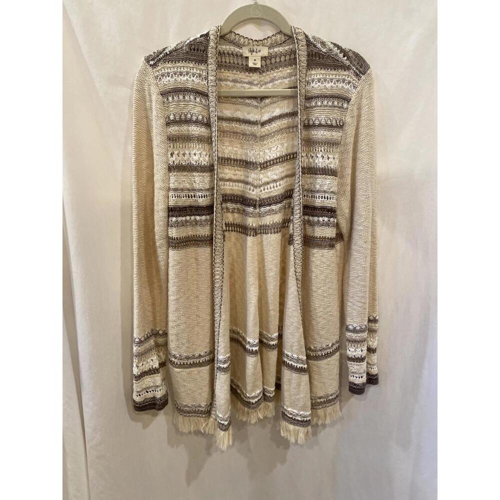 Style &Co Crochet Knit Open Front Boho Western Fringe Trim Lightweight Cardigan